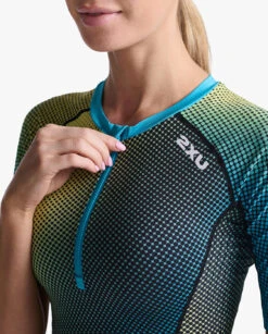 2XU Aero Tri Top Korte Mouw Blauw/groen Dames -Sportwetsuit Winkel 2xu aero sleeved top wt6666a cya wht 022