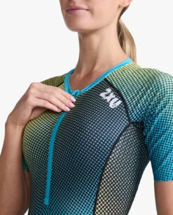 2XU Aero Trisuit Korte Mouw Blauw/groen Dames -Sportwetsuit Winkel 2xu trisuit aero sleeved wt6431d idk wht 021