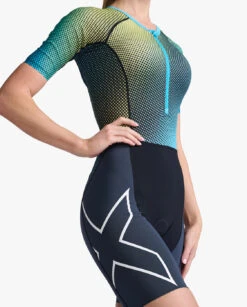 2XU Aero Trisuit Korte Mouw Blauw/groen Dames -Sportwetsuit Winkel 2xu trisuit aero sleeved wt6431d idk wht 022