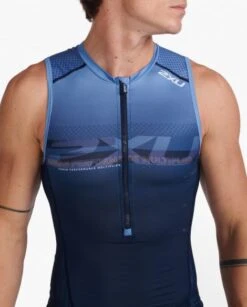 2XU Aero Front Zip Trisuit Mouwloos Blauw Heren -Sportwetsuit Winkel 2xu trisuits heren aero front zip sleeveless mt6428a mdn tur 05